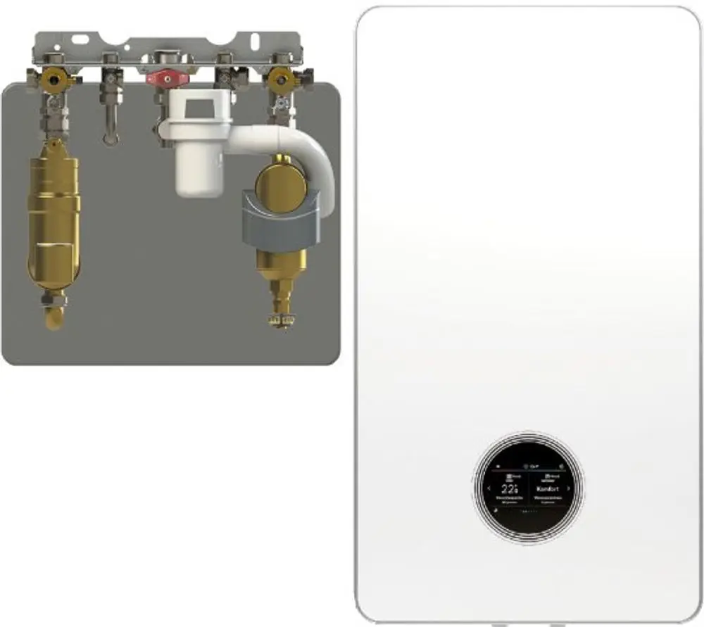 Bosch Heizgerät mit Anbauteilen, einschließlich Wasserfilter, Druckminderer und Sicherheitsventil, auf grauem Montageblock. Bildschirm zur Überwachung von Betriebsdaten.